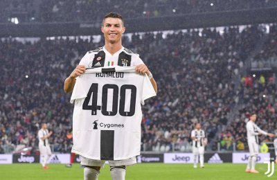 Cristiano Ronaldo raggiunge quota 400 partite in Juventus-Cagliari 2018-2019, Serie A TIM, e mostra la maglia celebrativa